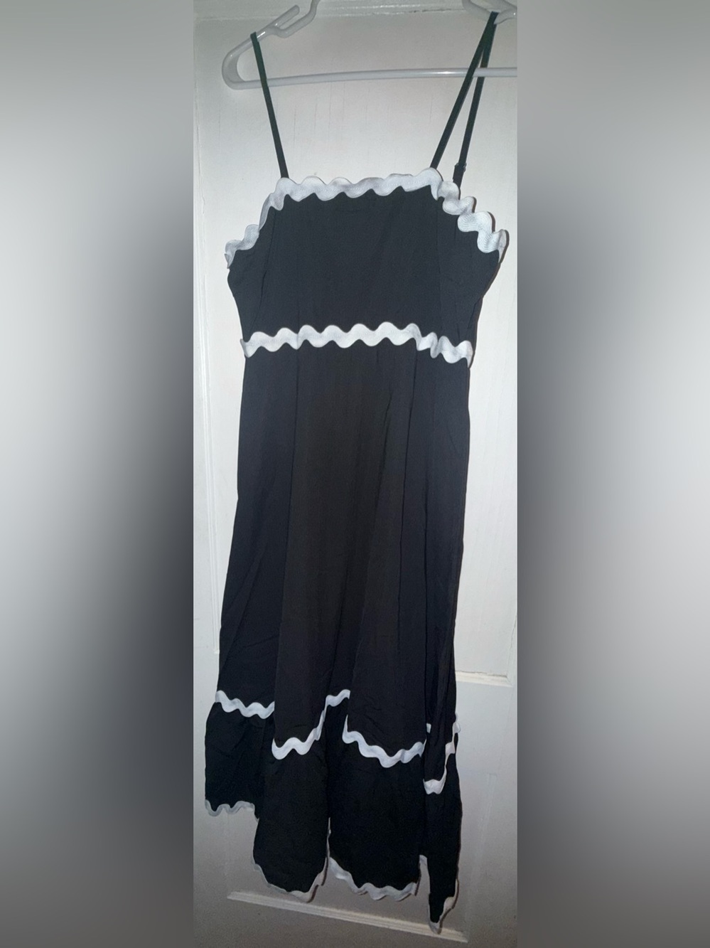 New without tags-Black Spaghetti Strap Dress with White Ruffle Trim